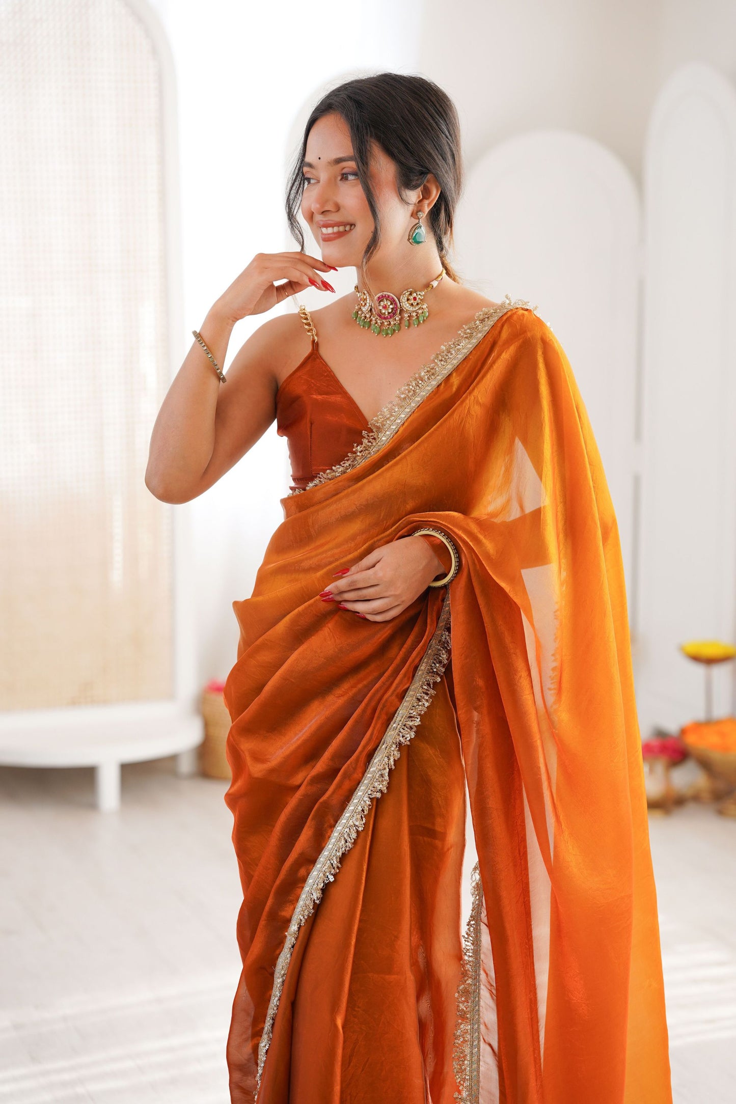 Orange Organza Silk Saree with Designer Golden Lace Border