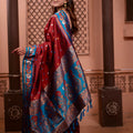 Rich Wine Red Paithani Silk Saree with Contrast Teal Blue Zari Border