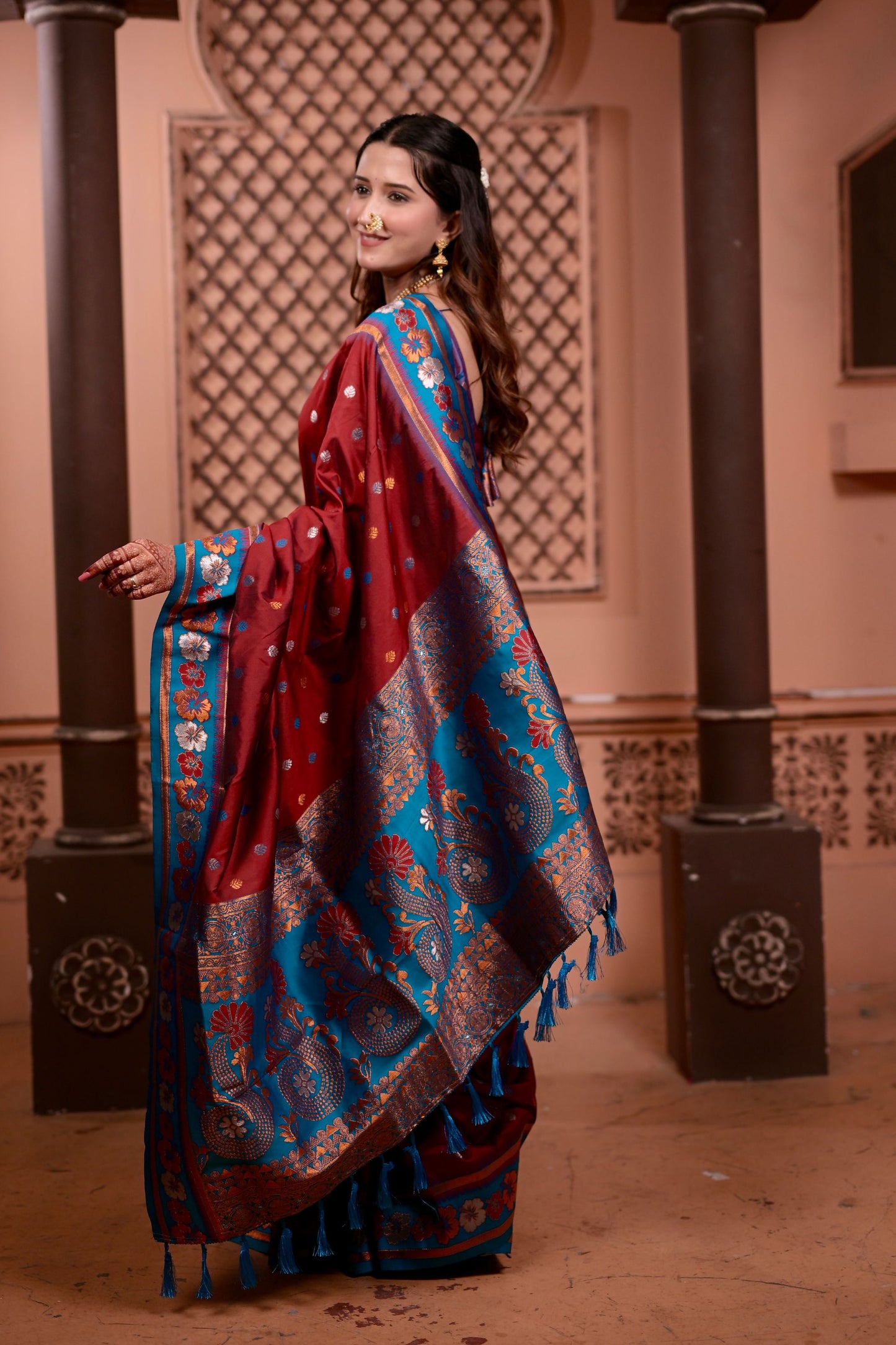 Rich Wine Red Paithani Silk Saree with Contrast Teal Blue Zari Border