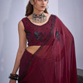 Luxury Wine Maroon Organza Silk Saree Black Floral Embroidery Designer Blouse