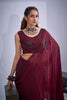 Luxury Wine Maroon Organza Silk Saree Black Floral Embroidery Designer Blouse