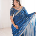 Designer Royal Blue Organza Silk Party Wear Saree Embroidered Blouse