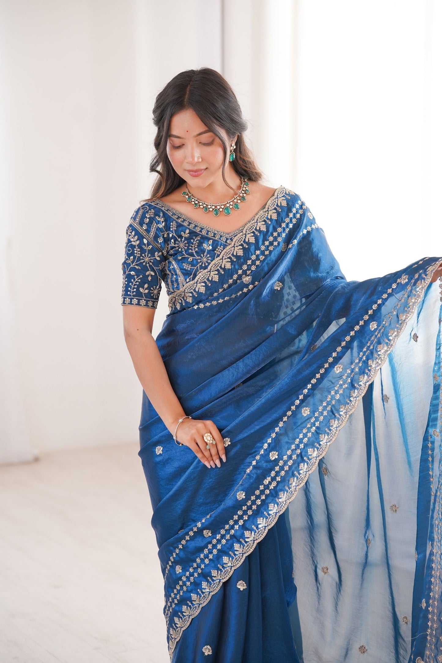 Designer Royal Blue Organza Silk Party Wear Saree Embroidered Blouse