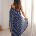 Royal Navy Blue Organza Silk Saree Golden Zari Embroidery Designer Blouse