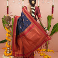 Navy Blue Silk Saree Red Woven Border Traditional Design