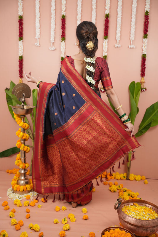 Navy Blue Silk Saree Red Woven Border Traditional Design