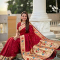 Maroon Red Floral Woven Linen Silk Saree Designer Peacock Border