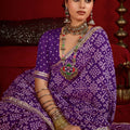 Purple Bandhej Print Festive Saree with Golden Border Matching Blouse