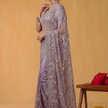Lavender Net Saree Heavy Silver Floral Embroidery Designer Border