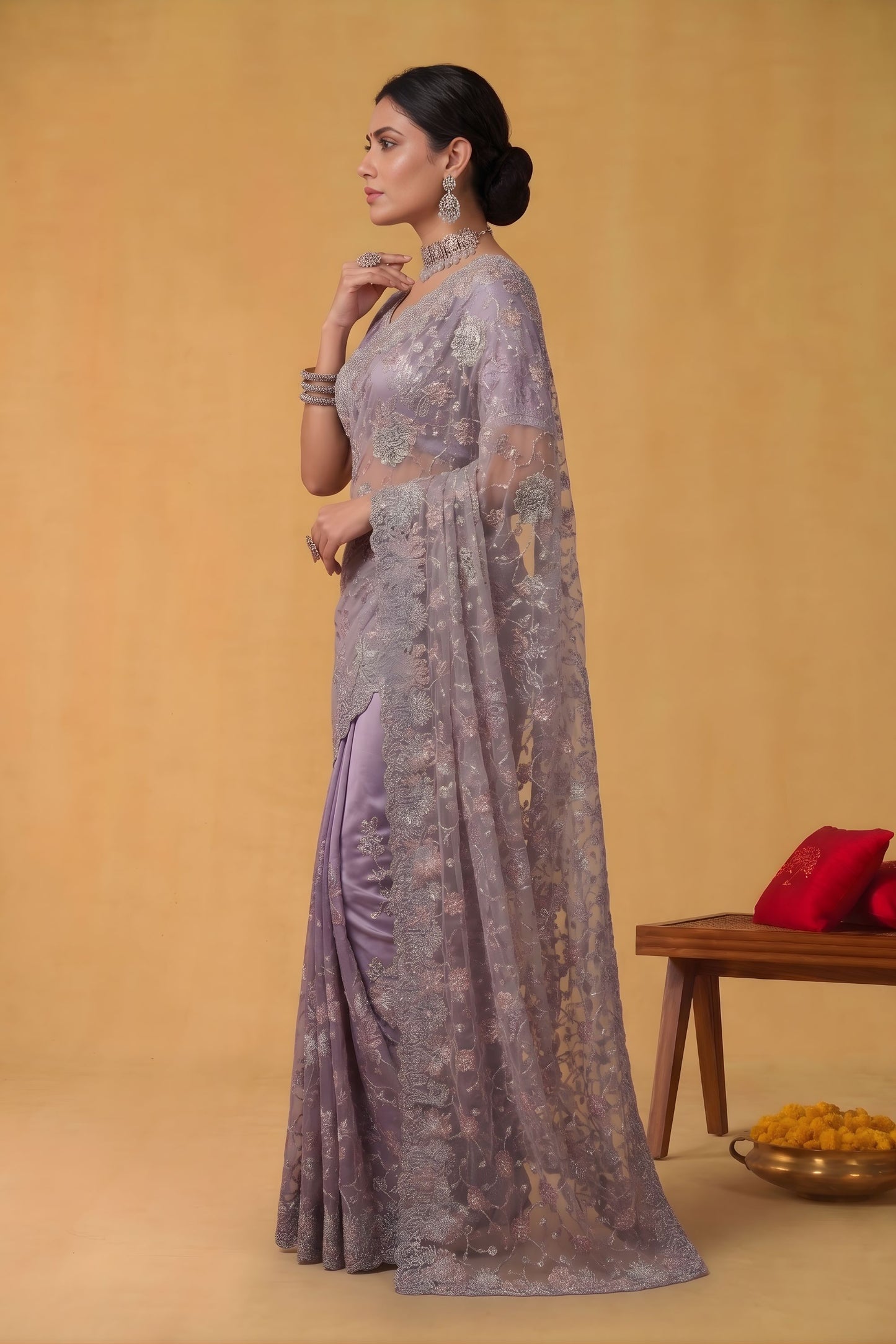 Lavender Net Saree Heavy Silver Floral Embroidery Designer Border