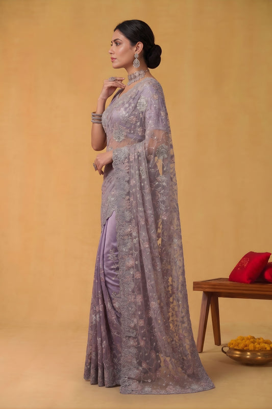 Lavender Net Saree Heavy Silver Floral Embroidery Designer Border