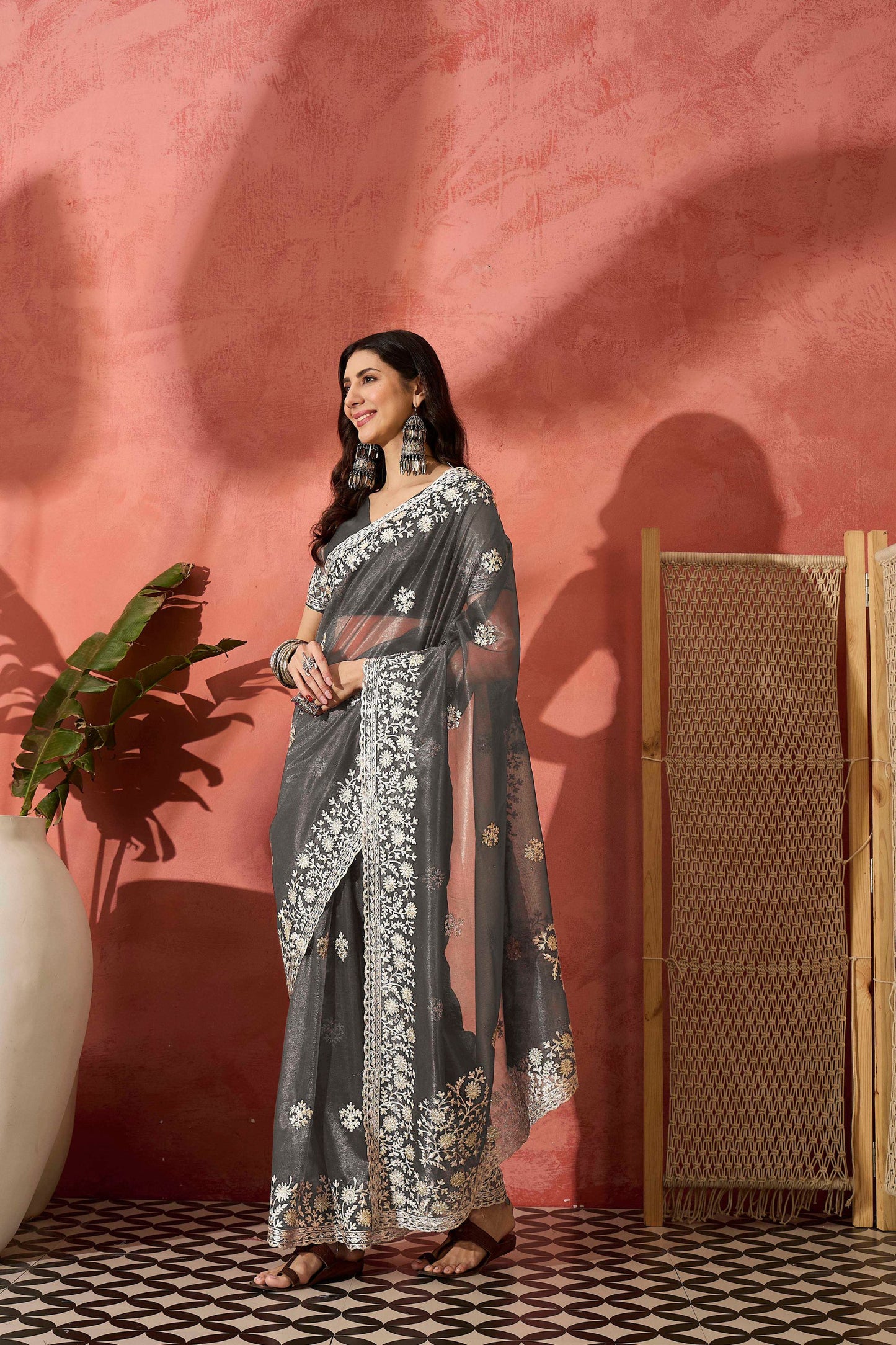 Grey Embroidered Georgette Saree with Designer Border Party Wear Saree