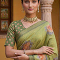 Olive Green Printed Linen Silk Saree with Floral Design