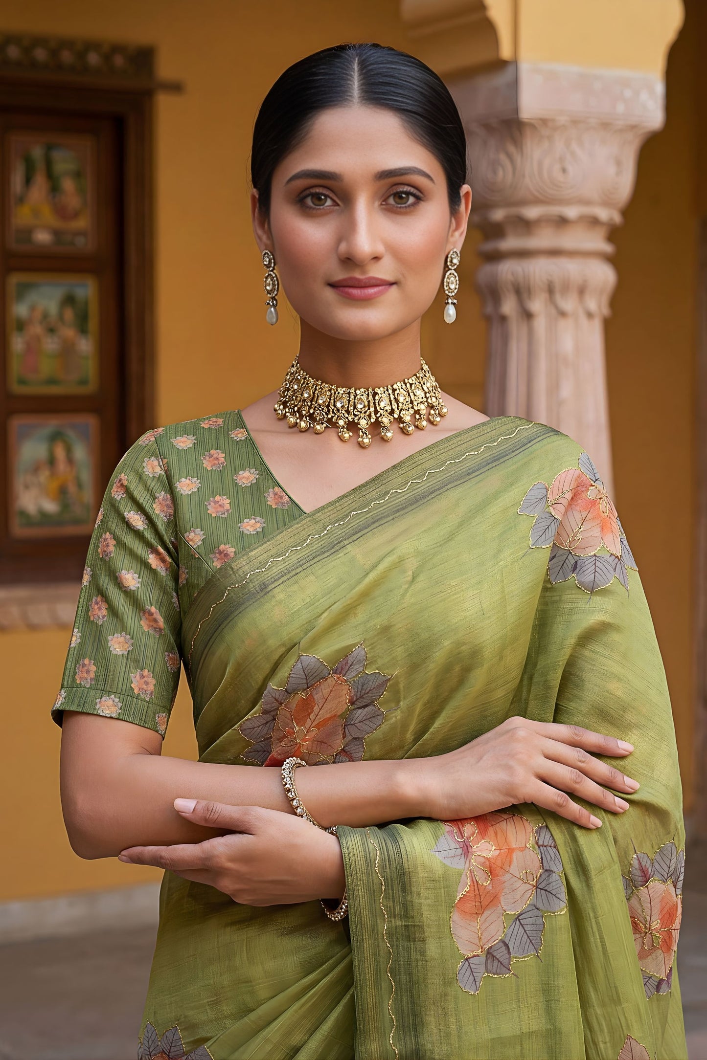 Olive Green Printed Linen Silk Saree with Floral Design