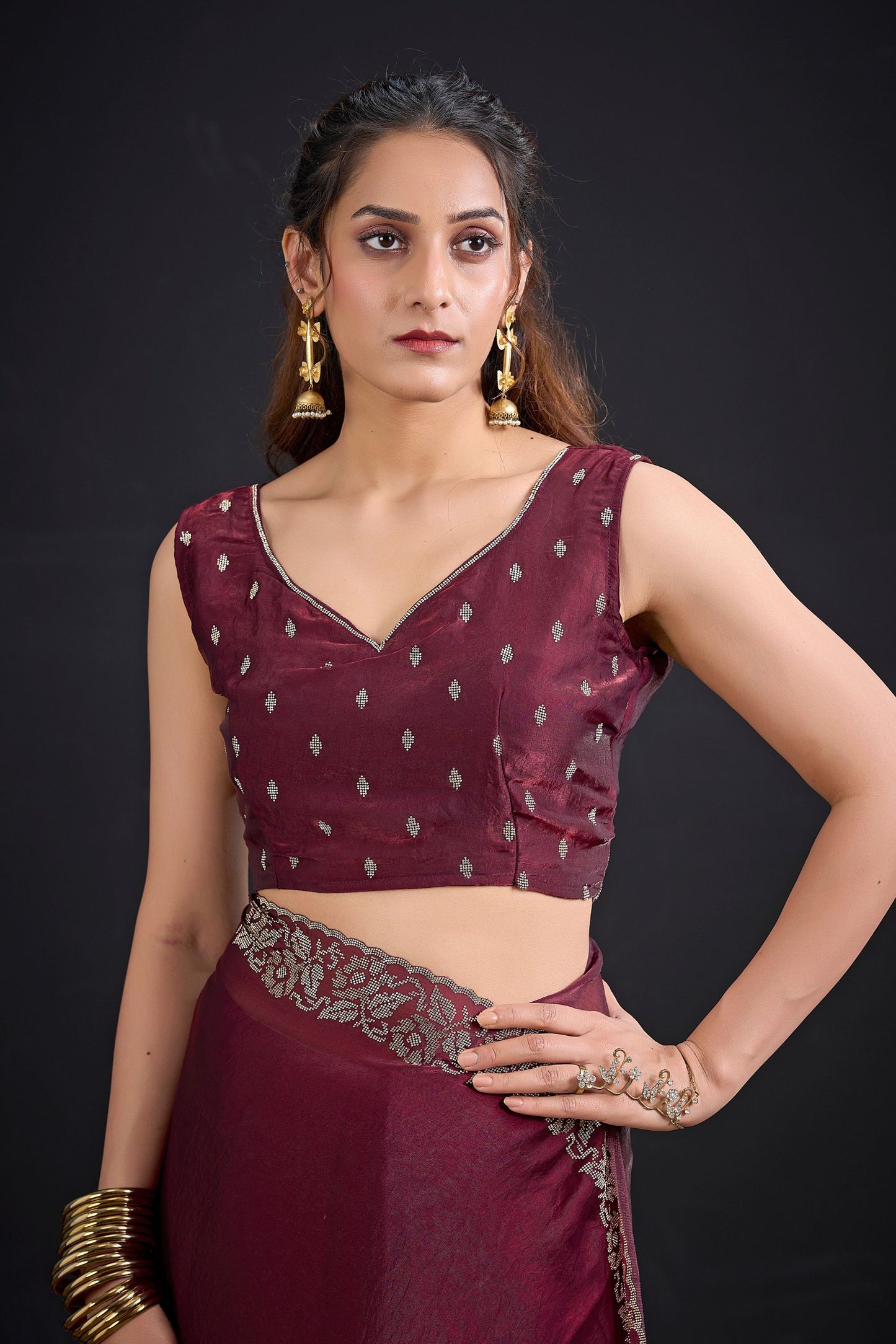 Maroon Silk Saree Antique Silver Zari Border Party Wear Saree