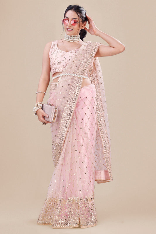 Pink Net Saree Heavy Sequins Embroidery Work Designer Blouse