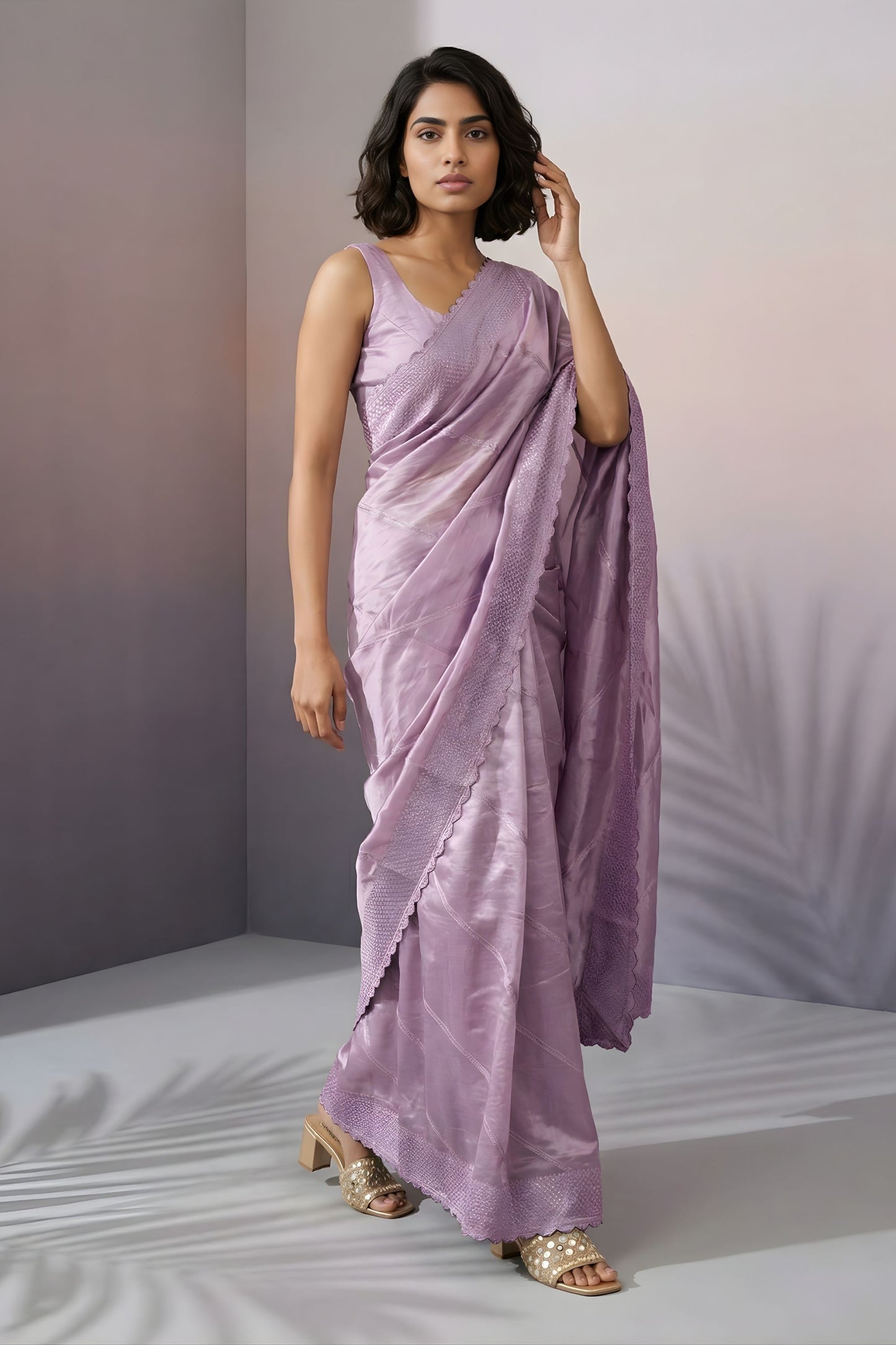 Pastel Lavender Silk Saree with Embroidered Border Designer Blouse