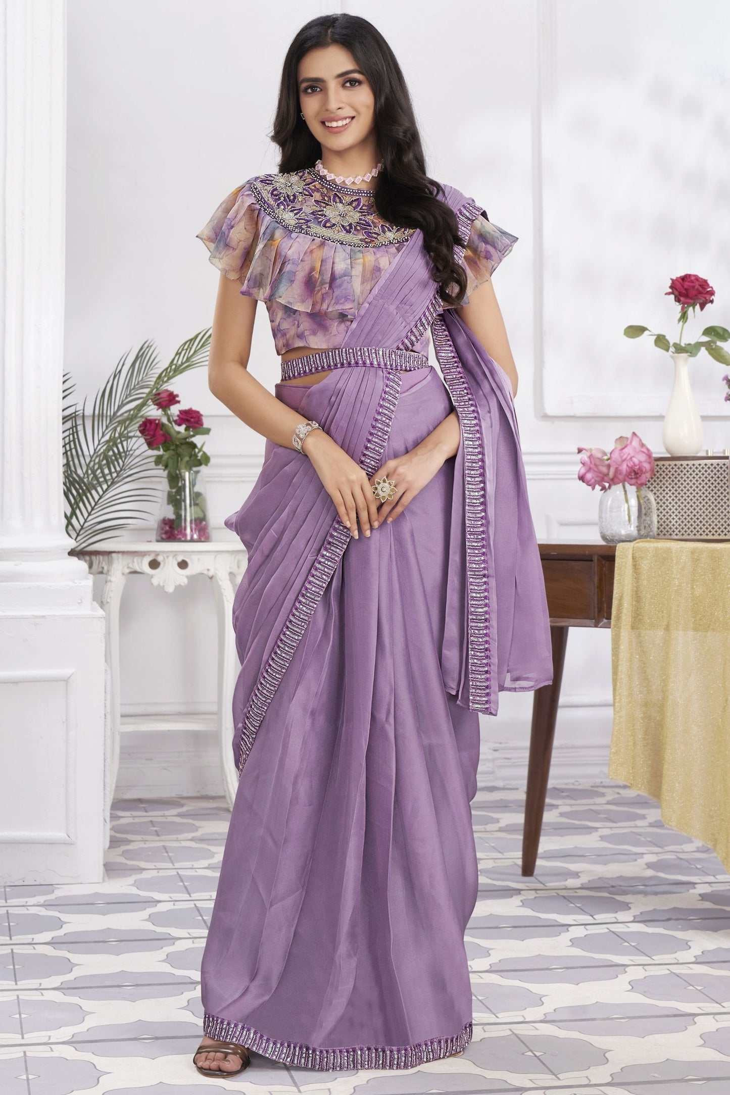 Lavender Ruffle Sleeve Designer Saree with Embroidered Blouse