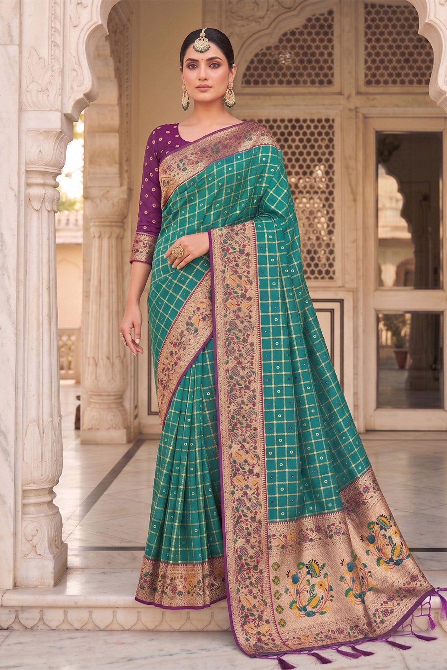 Teal Green Paithani Silk Saree Zari Floral Woven Border Traditional Peacock Pallu