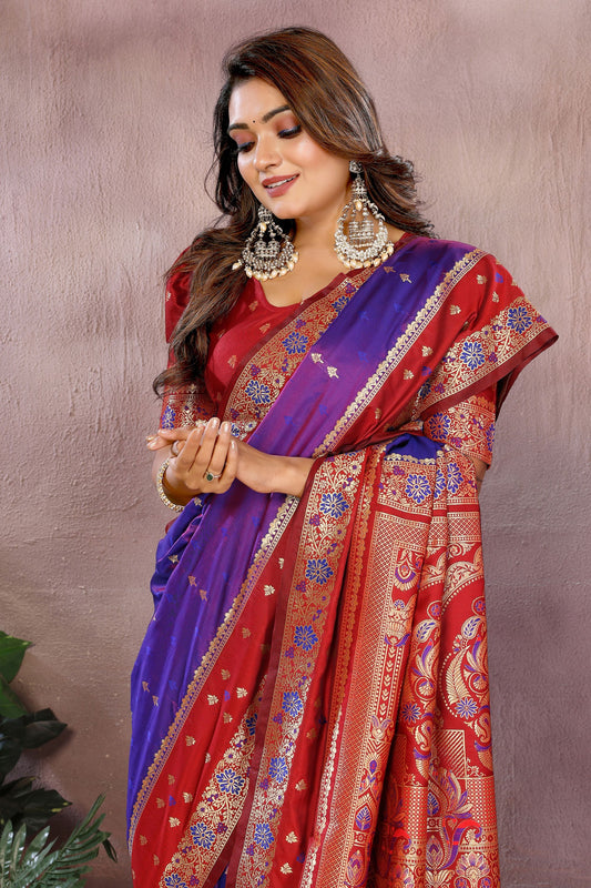 Royal Purple Silk Saree with Red Zari Woven Border Designer Pallu