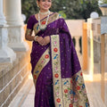 Deep Purple Paithani Silk Saree Multicolor Peacock Floral Woven Border