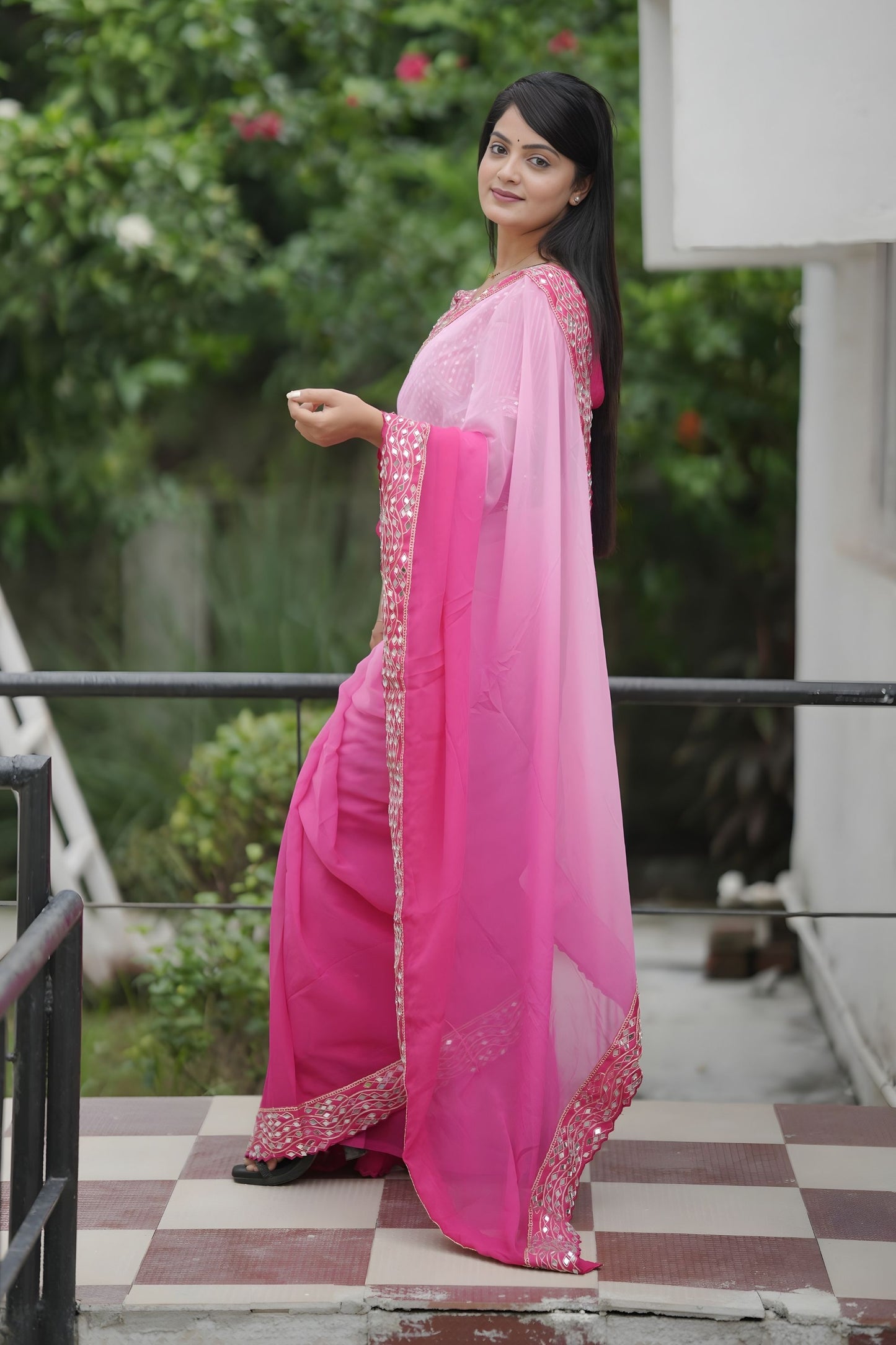 Pink Georgette Saree with Embroidered Border Designer Blouse