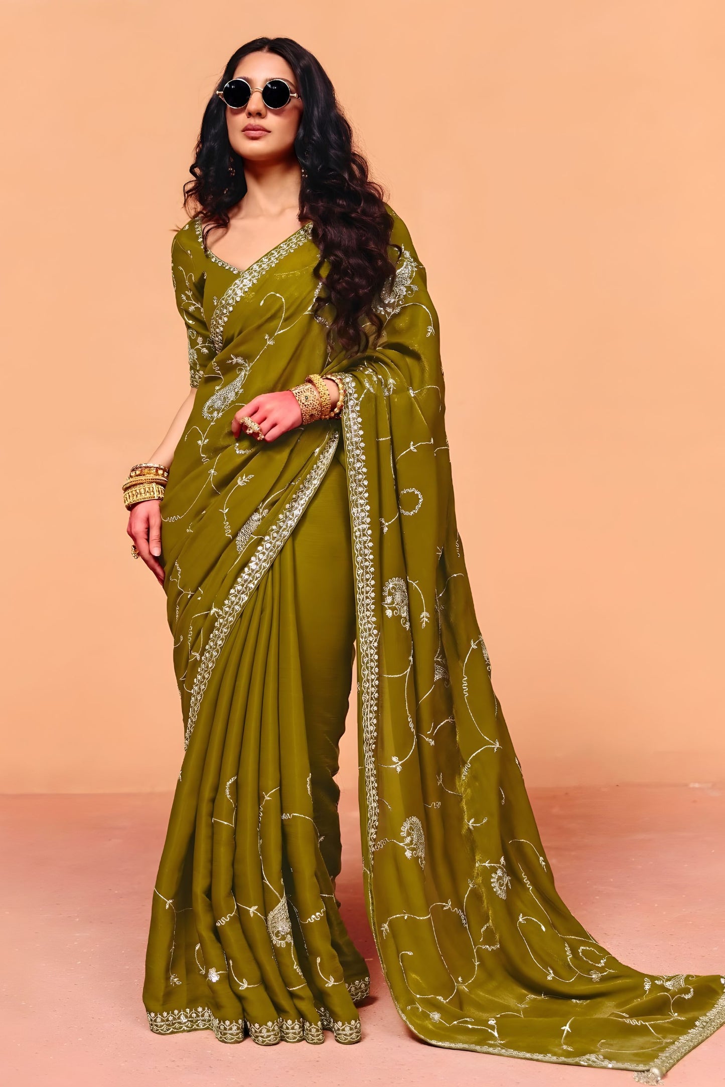 Olive Green Designer Saree Embroidered Border Saree