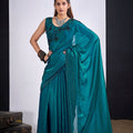 Teal Green Organza Silk Saree Black Floral Embroidery Designer Saree