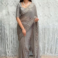  Grey Organza Saree with Floral Embroidery Designer Blouse