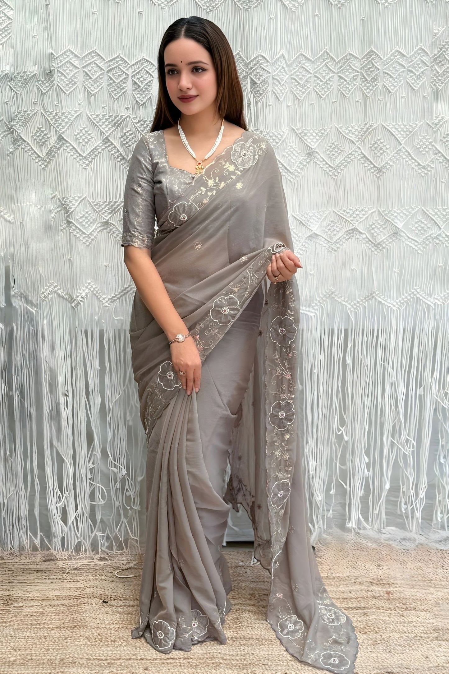  Grey Organza Saree with Floral Embroidery Designer Blouse