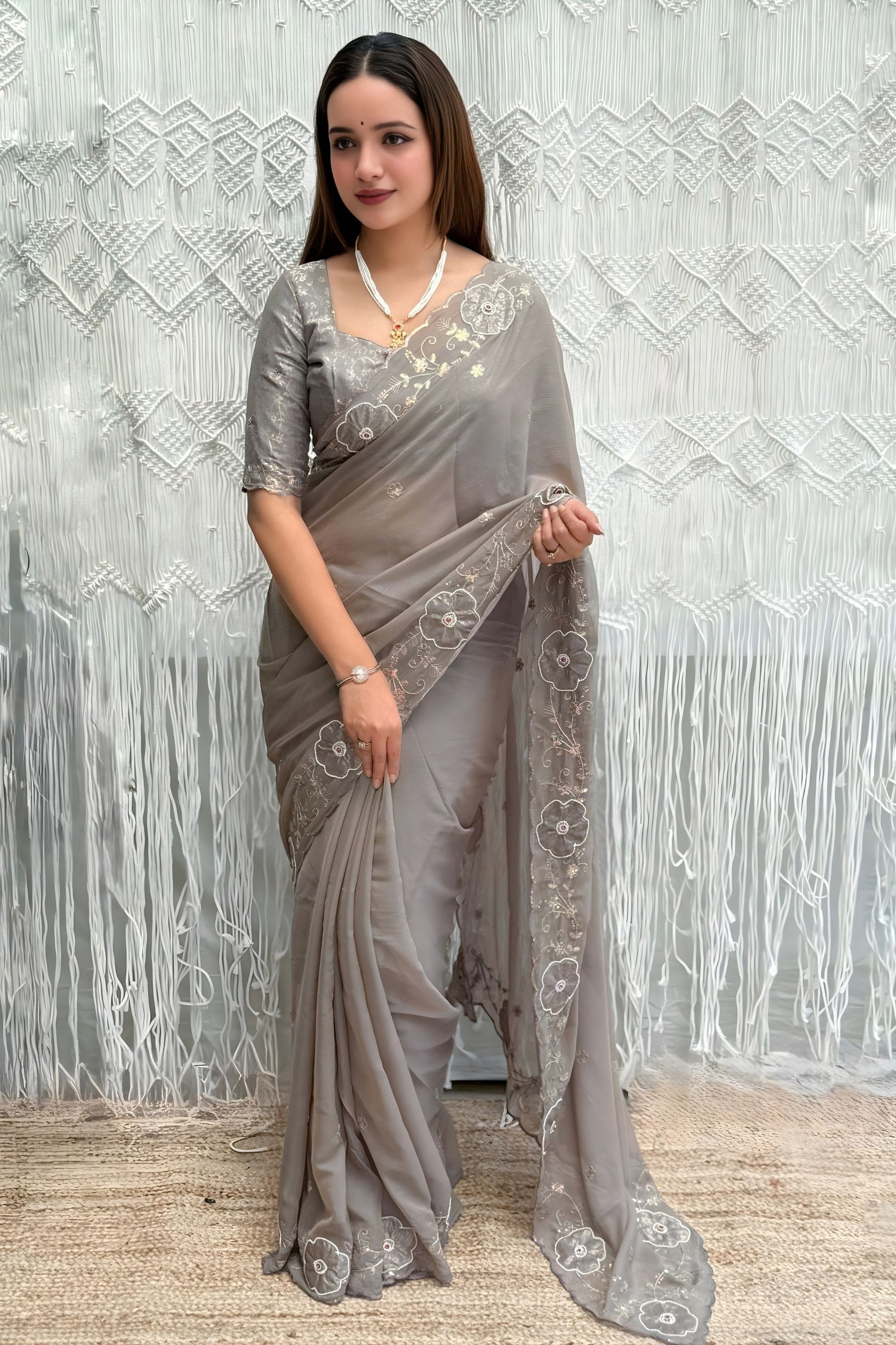  Grey Organza Saree with Floral Embroidery Designer Blouse