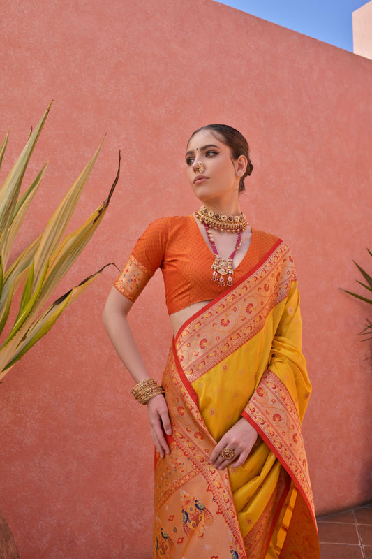 Golden Yellow And Orange Kanjivaram Silk Saree with Rich Zari  Festive Wear
