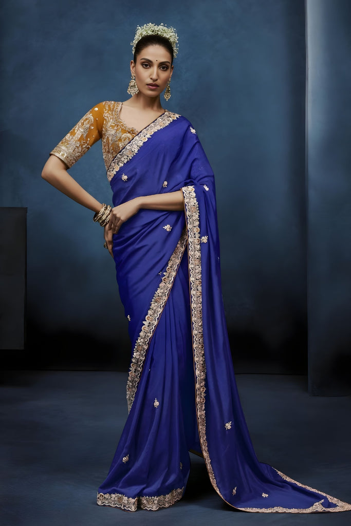 Luxury Royal Blue Embroidered Saree with Designer Blouse 