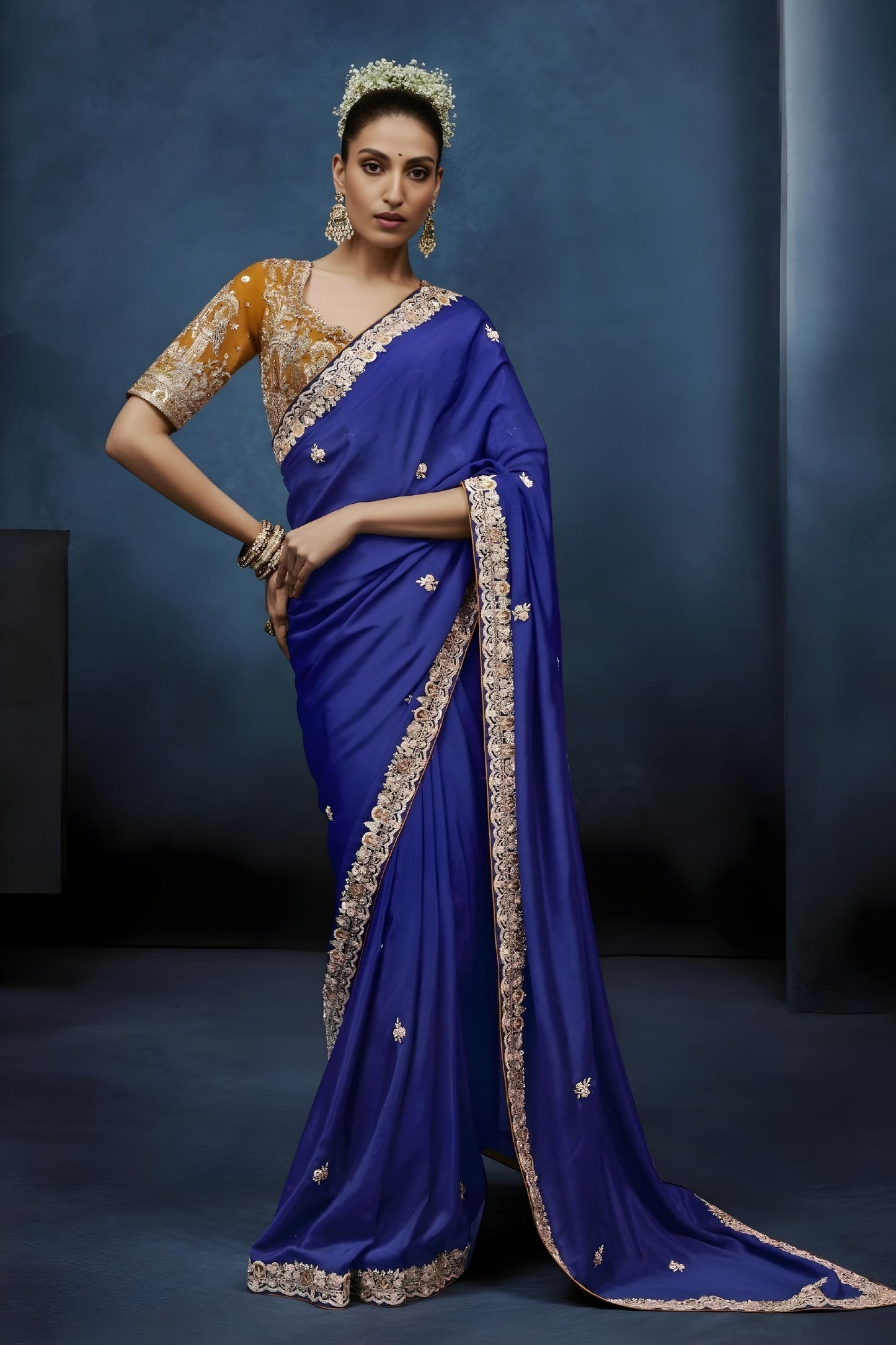 Luxury Royal Blue Embroidered Saree with Designer Blouse 