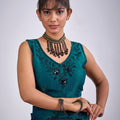 Teal Green Organza Saree Black Floral Embroidery Designer Saree