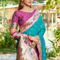 Teal Blue Silk Saree Pink Border Multicolor Peacock Zari Weaving Work