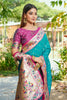Teal Blue Silk Saree Pink Border Multicolor Peacock Zari Weaving Work