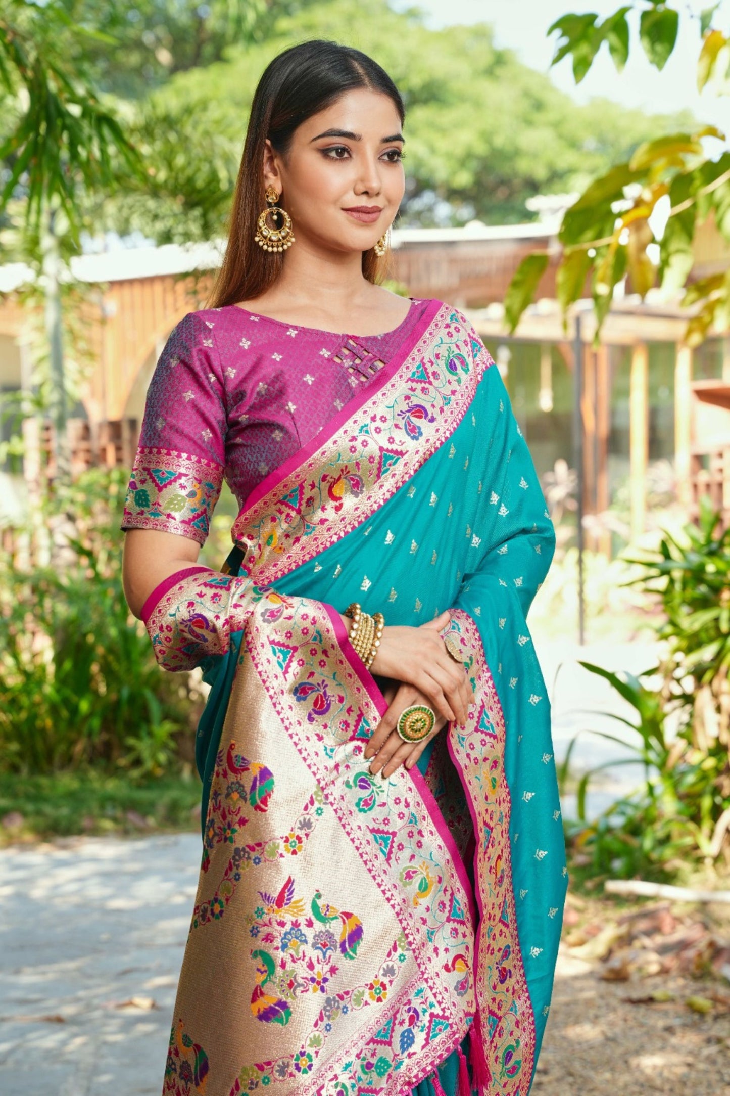 Teal Blue Silk Saree Pink Border Multicolor Peacock Zari Weaving Work
