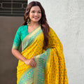 Yellow Saree Green Contrast Border Traditional Printed Design