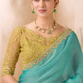 Sea Green Designer Saree with Golden Embroidered Blouse
