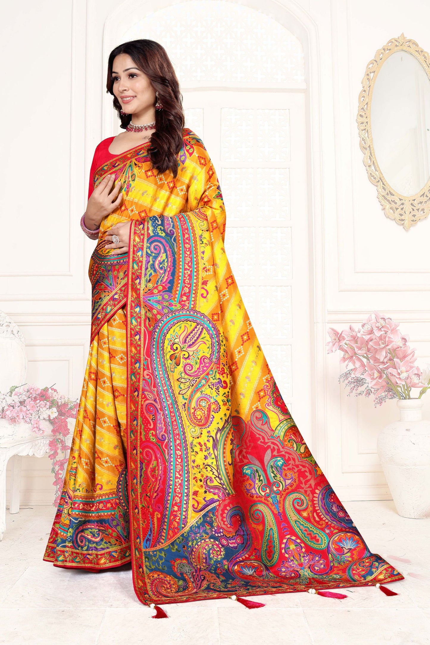 Yellow Multicolor Paisley Printed Saree with Designer Border