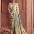 Beige Sage Green Embroidered Silk Saree with Heavy Zari Border