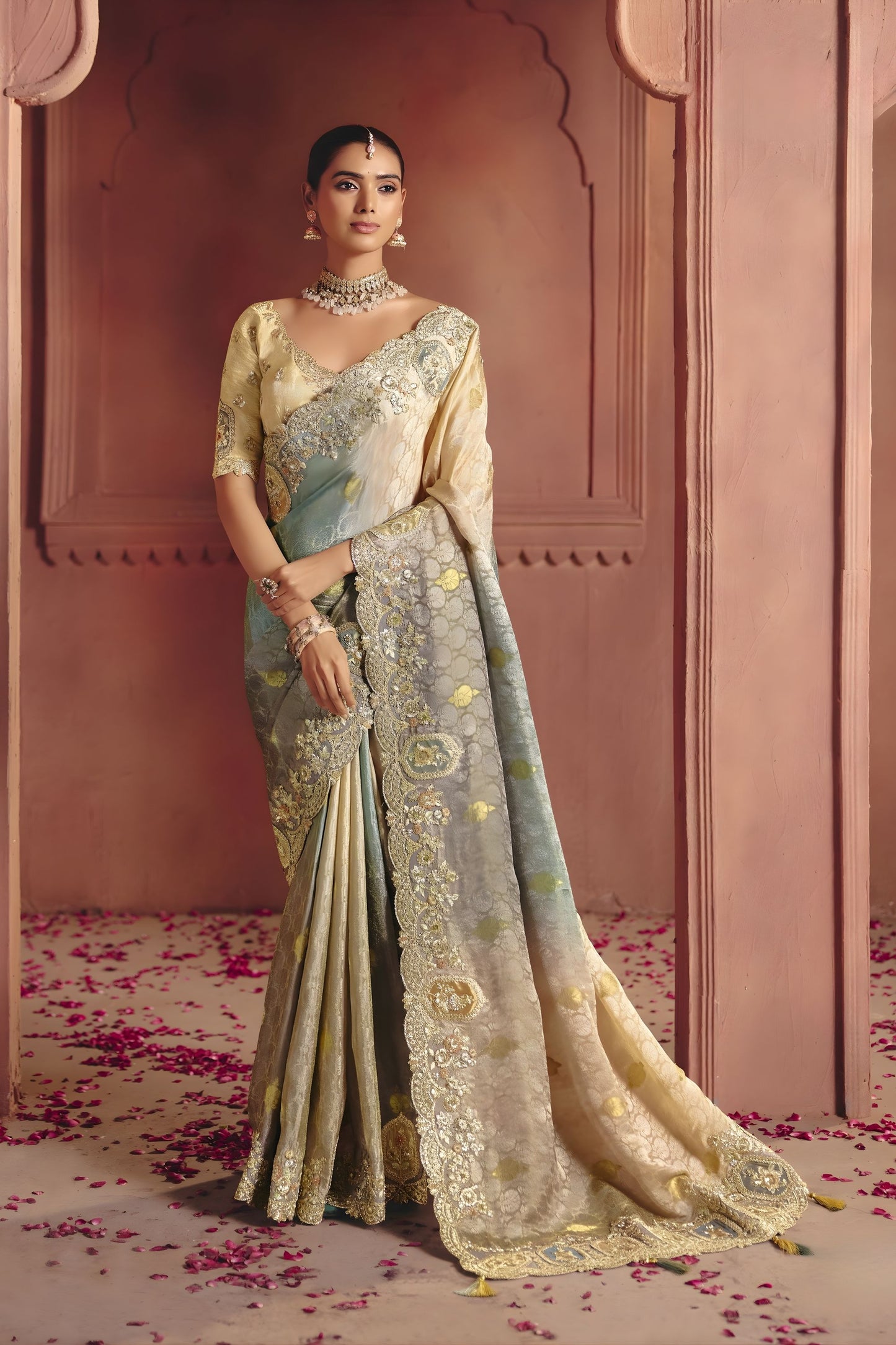 Beige Sage Green Embroidered Silk Saree with Heavy Zari Border