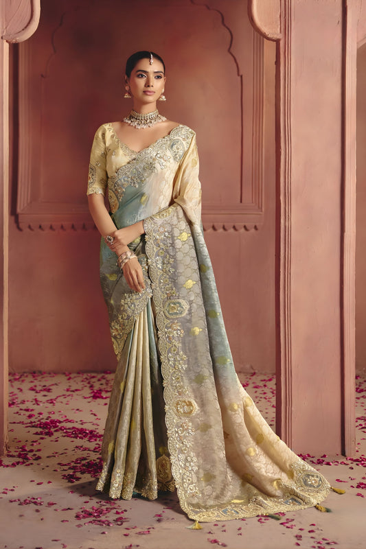 Beige Sage Green Embroidered Silk Saree with Heavy Zari Border
