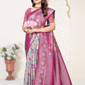 Rani Pink and Sky Blue Banarasi Silk Saree with Rich Zari Woven Design