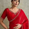 Red Chiffon Saree with Zari Border Embroidered Blouse