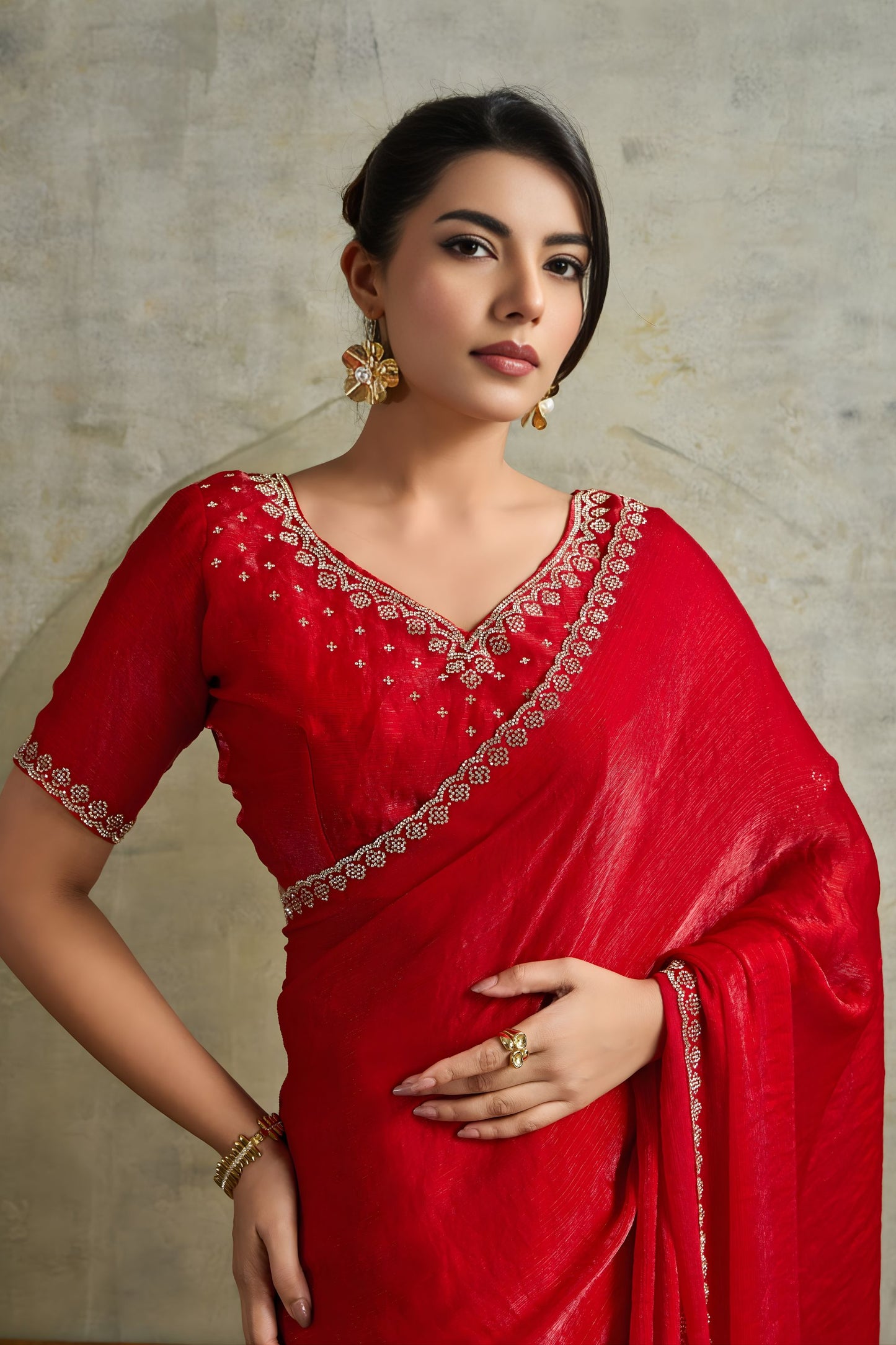 Red Chiffon Saree with Zari Border Embroidered Blouse
