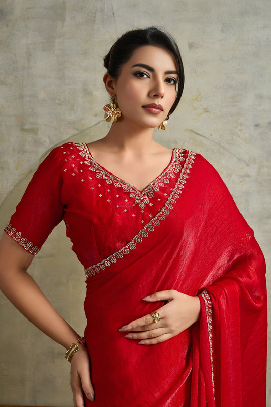 Red Chiffon Saree with Zari Border Embroidered Blouse
