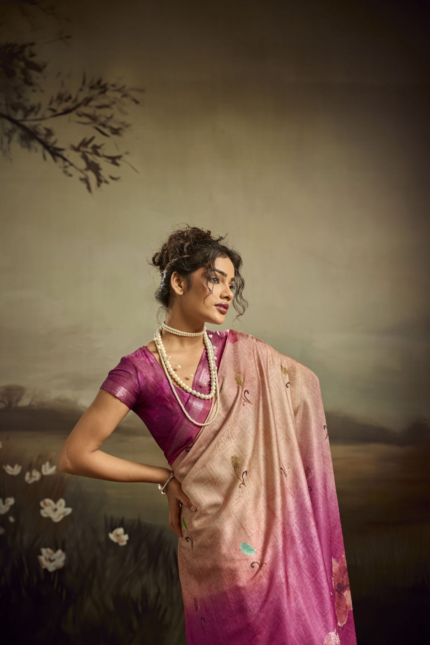 Magenta Pink Linen Silk Saree Floral Digital Print Designer Tassel Pallu