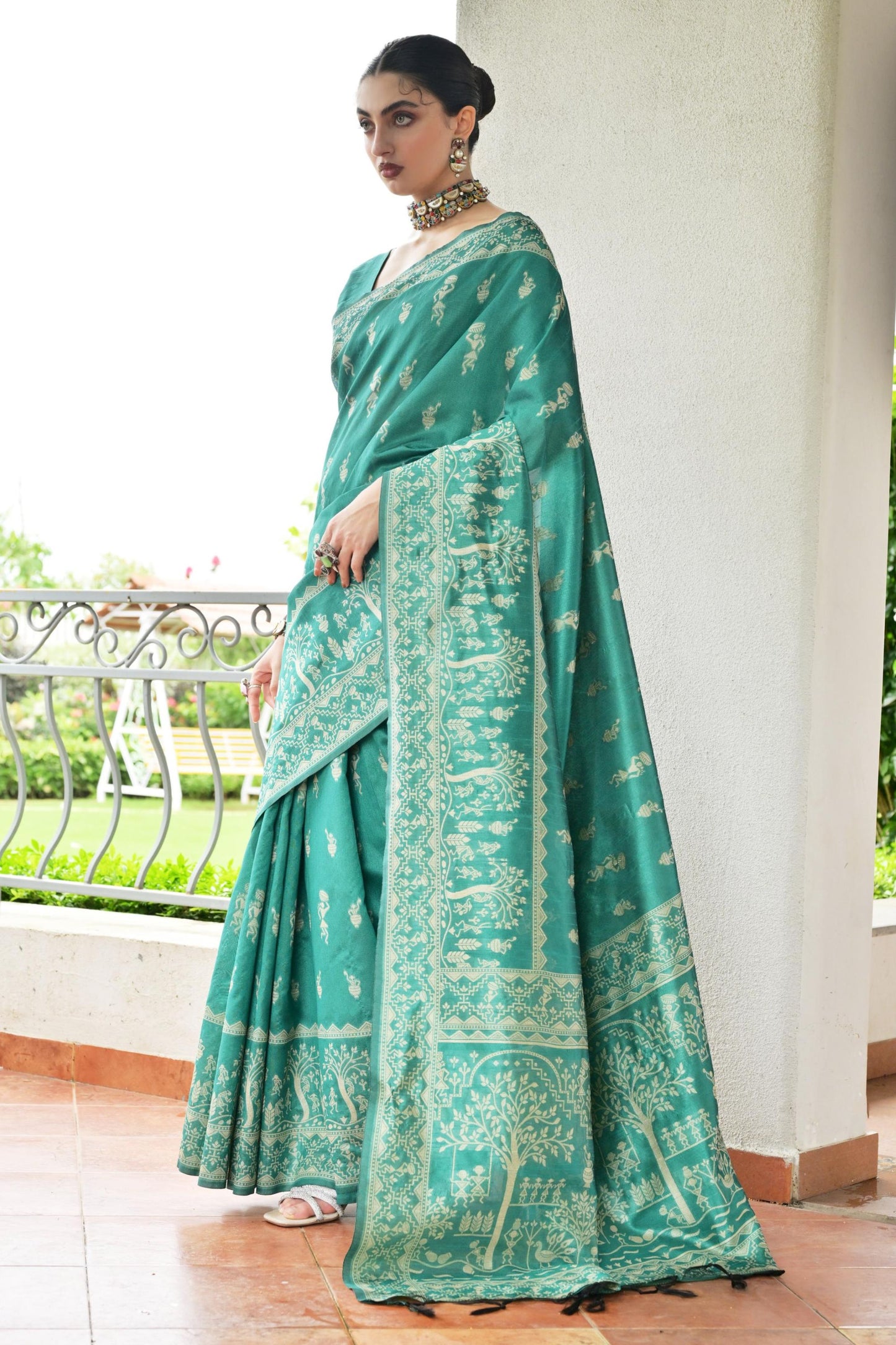 Teal Green Cotton Silk Saree with Traditional Woven Border